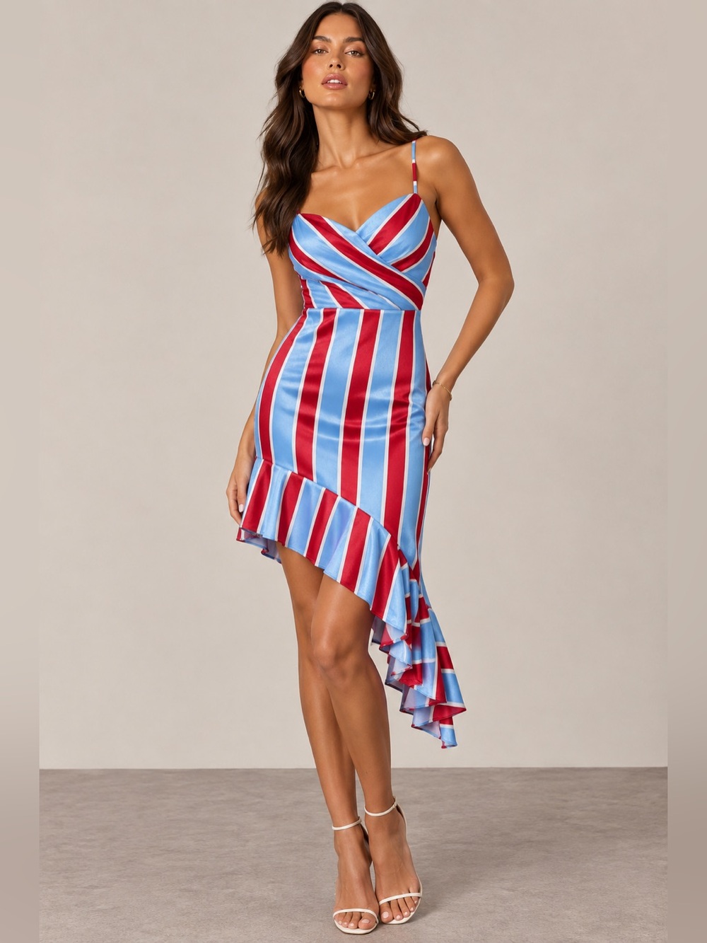 Striped Satin Asymmetrical Ruffle Dress in Light Blue & Red